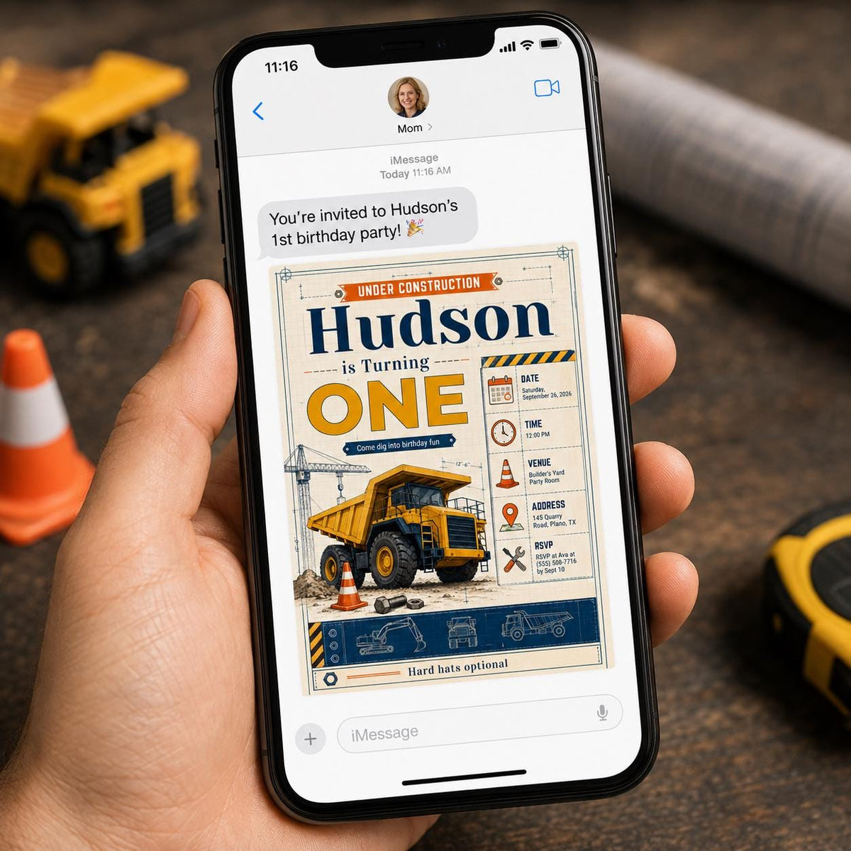 Truck Construction First Birthday Invitation — invitation you personalize in Canva