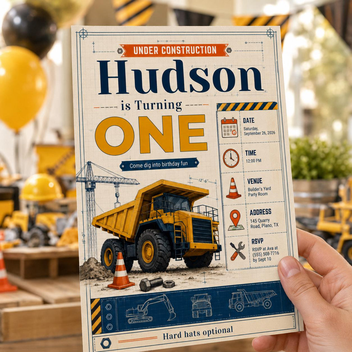 Truck Construction First Birthday Invitation — print-ready first birthday design from VoltBy