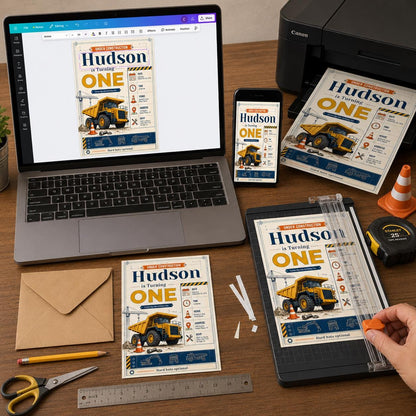 Truck Construction First Birthday Invitation — digital invitation, instant download