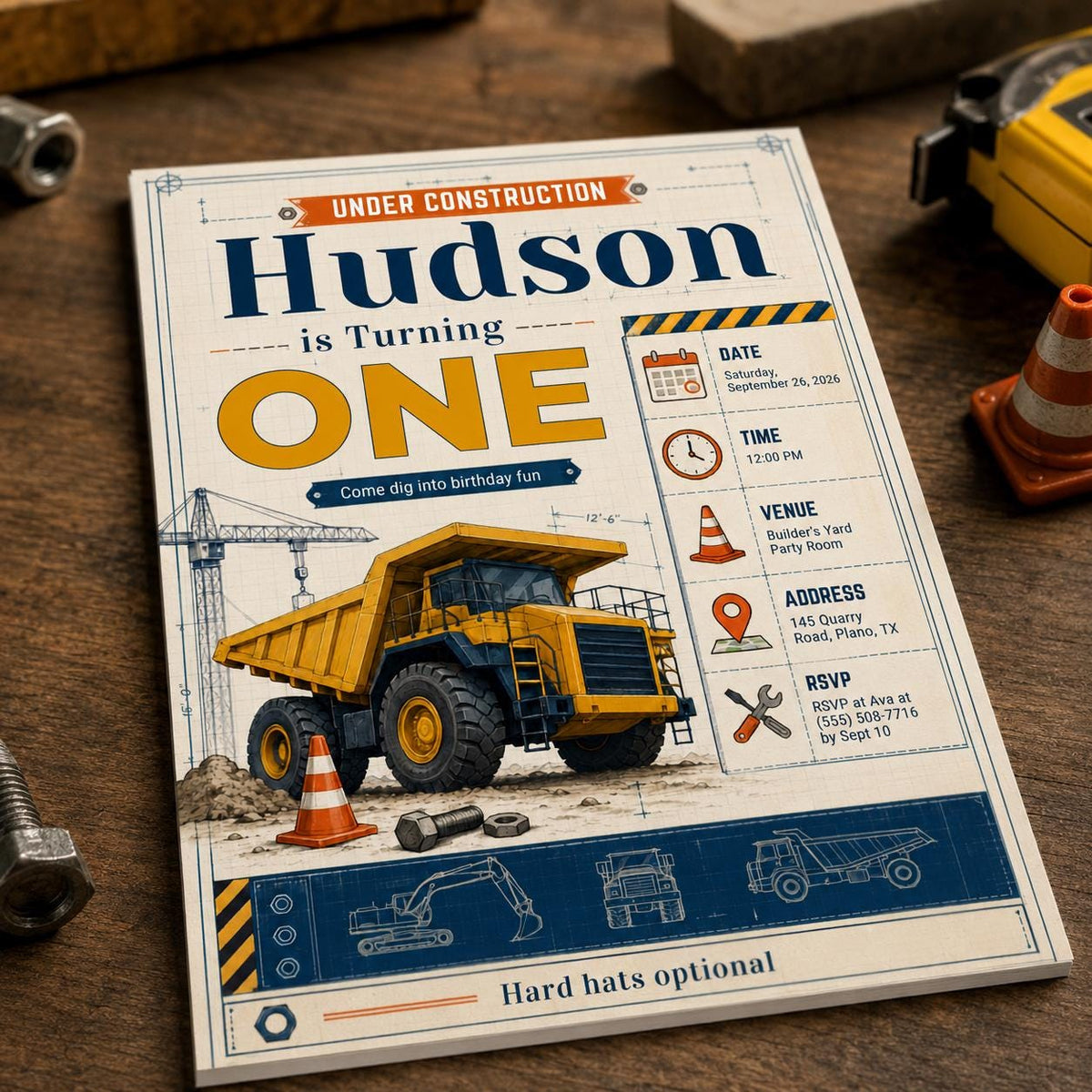 Truck Construction First Birthday Invitation — first birthday stationery by VoltBy