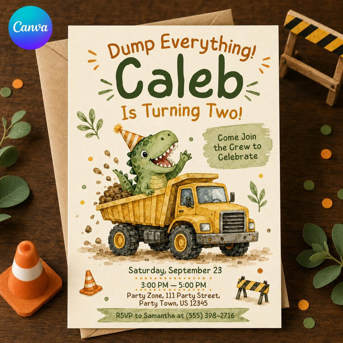 Truck Dinosaur Construction 2nd Birthday Invitation — editable Canva template