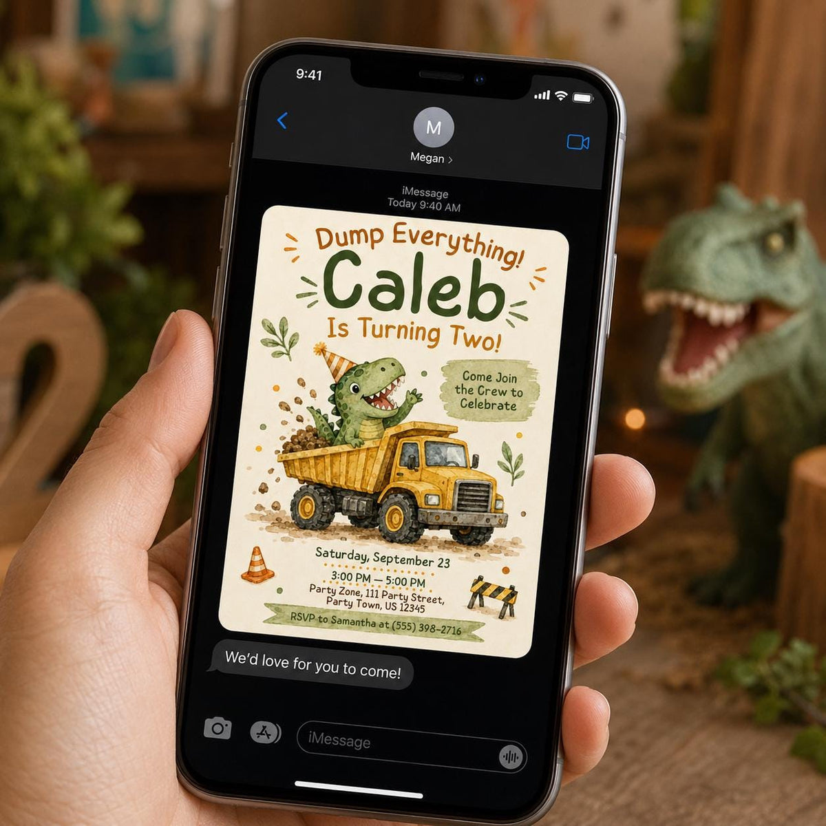 Truck Dinosaur Construction 2nd Birthday Invitation — invitation you personalize in Canva