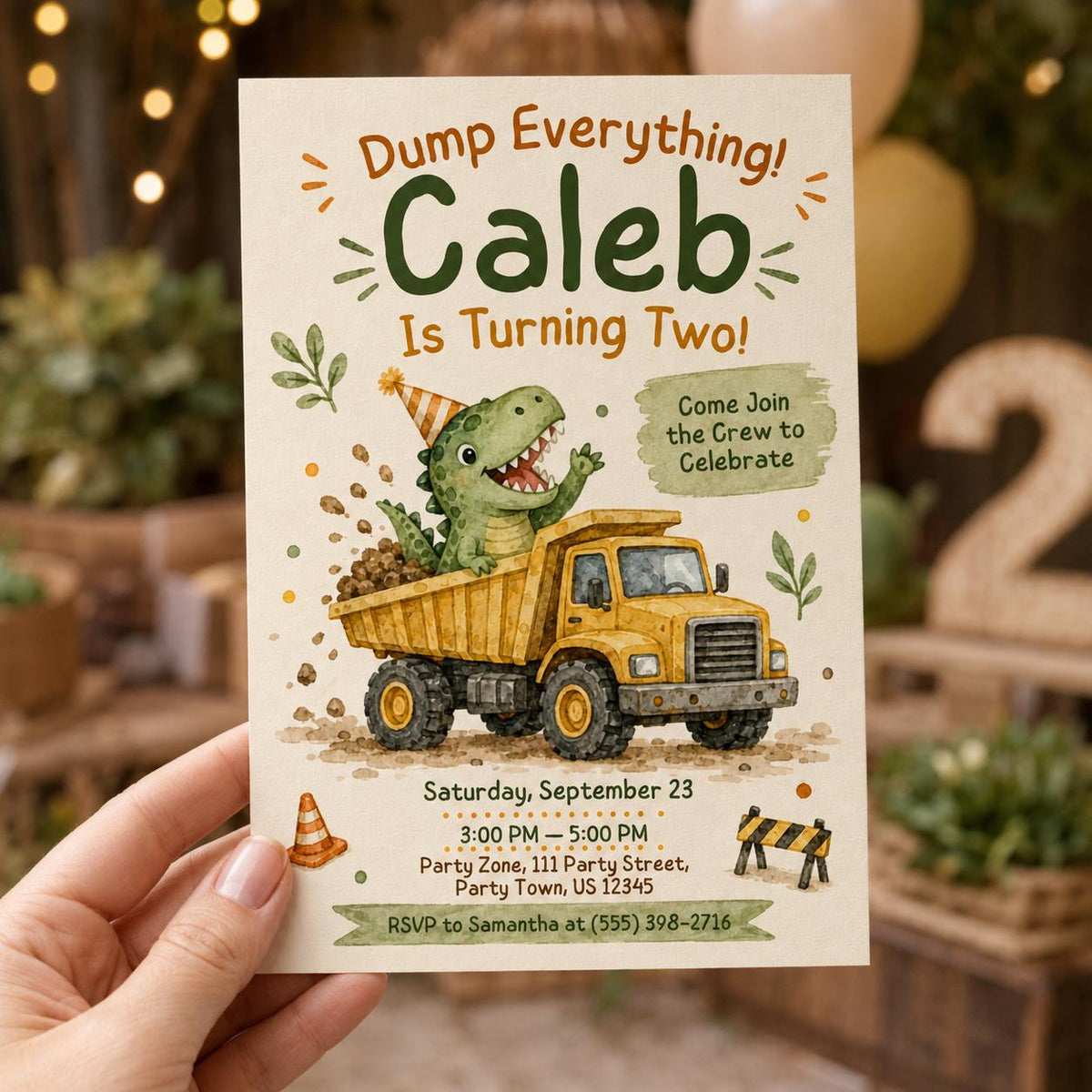 Truck Dinosaur Construction 2nd Birthday Invitation — print-ready 2nd birthday party design from VoltBy