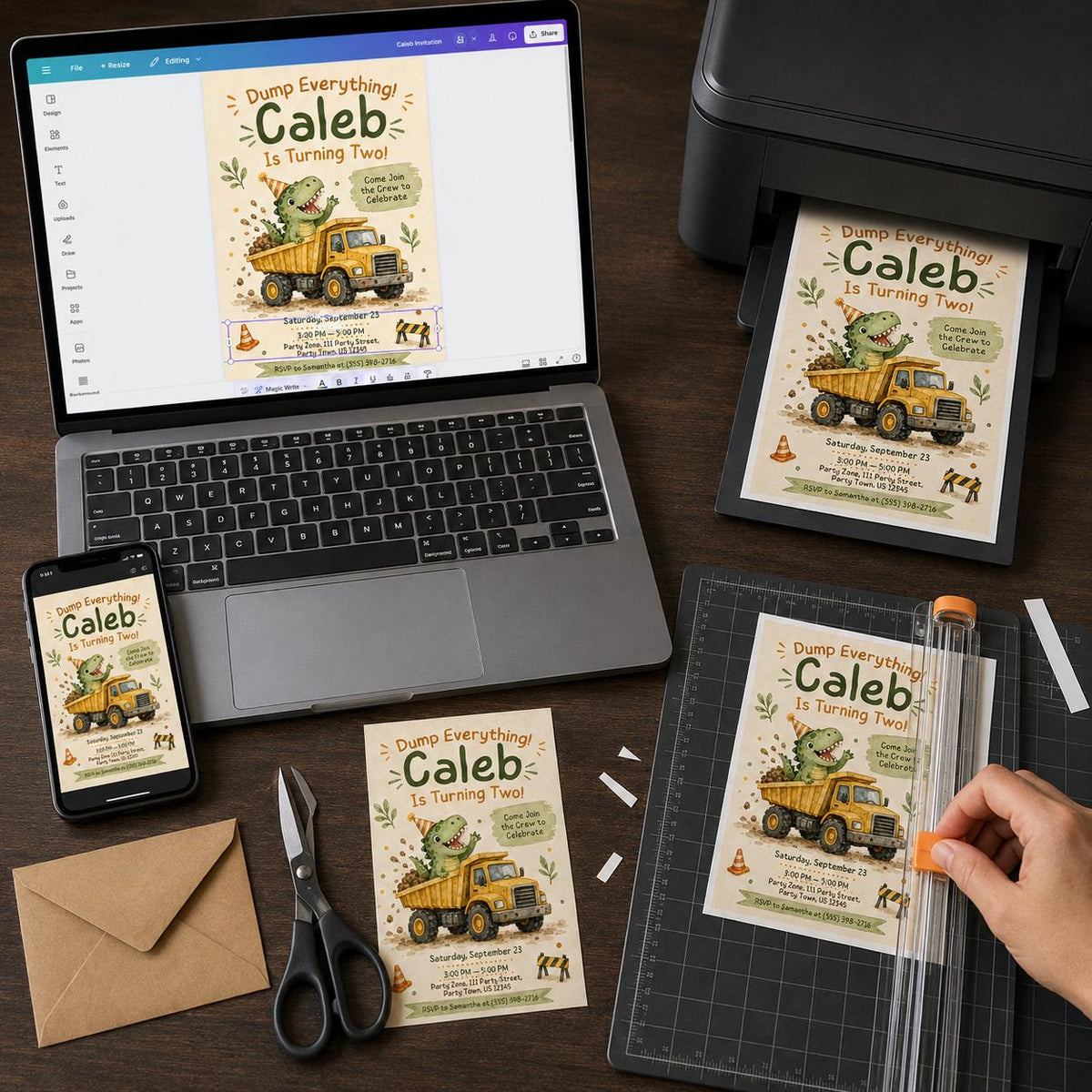 Truck Dinosaur Construction 2nd Birthday Invitation — digital invitation, instant download