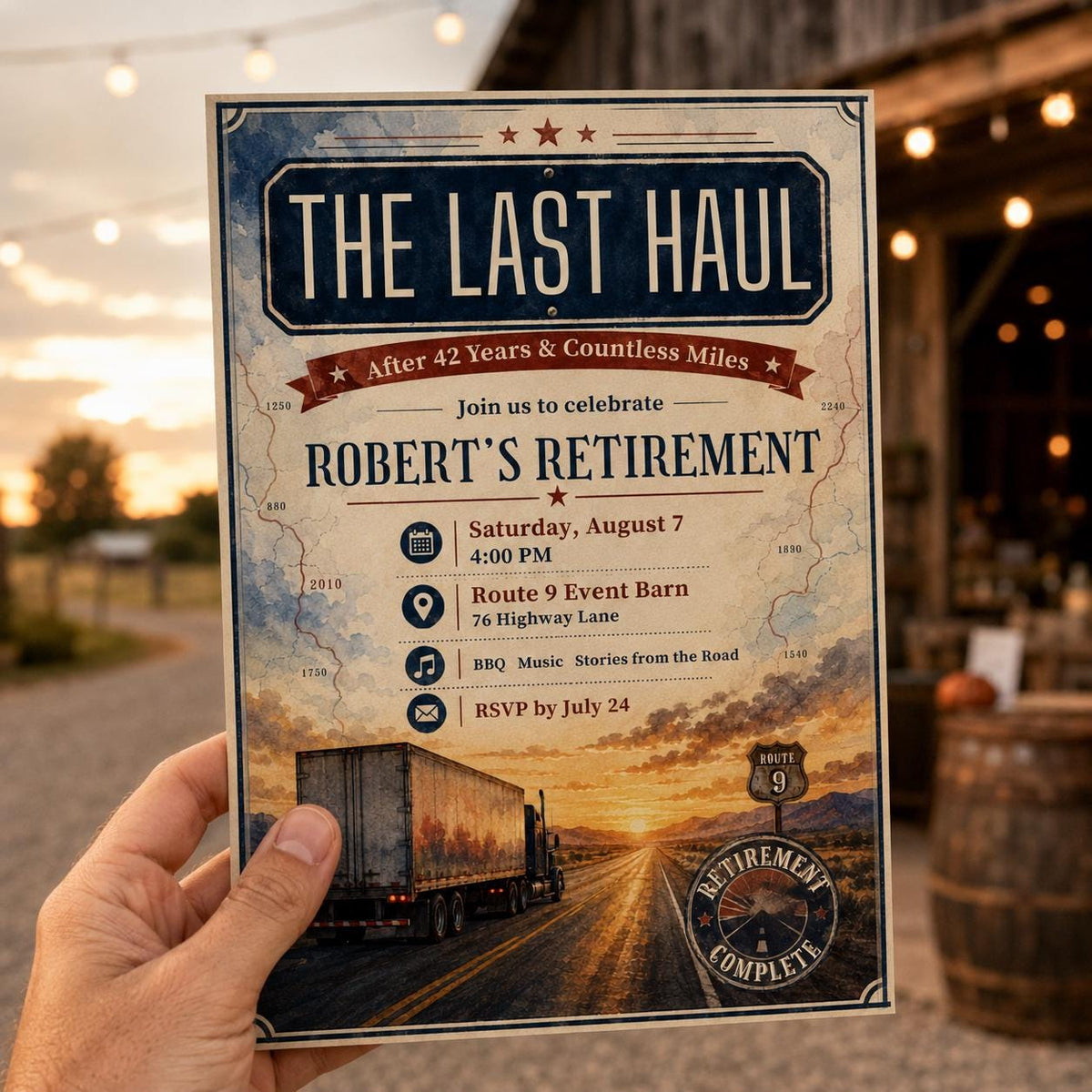 Truck Driver Retirement Invitation — print-ready retirement party design from VoltBy