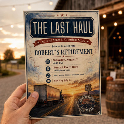 Truck Driver Retirement Invitation — print-ready retirement party design from VoltBy