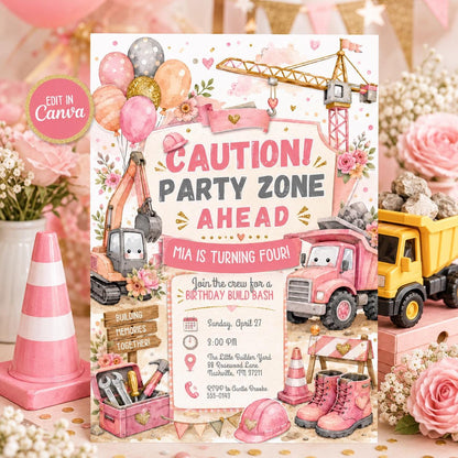 Truck Pink Construction 4th Birthday Invitation for Girls — editable Canva template