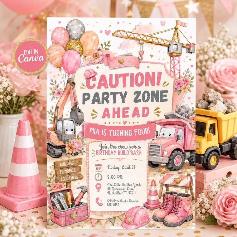 Truck Pink Construction 4th Birthday Invitation for Girls