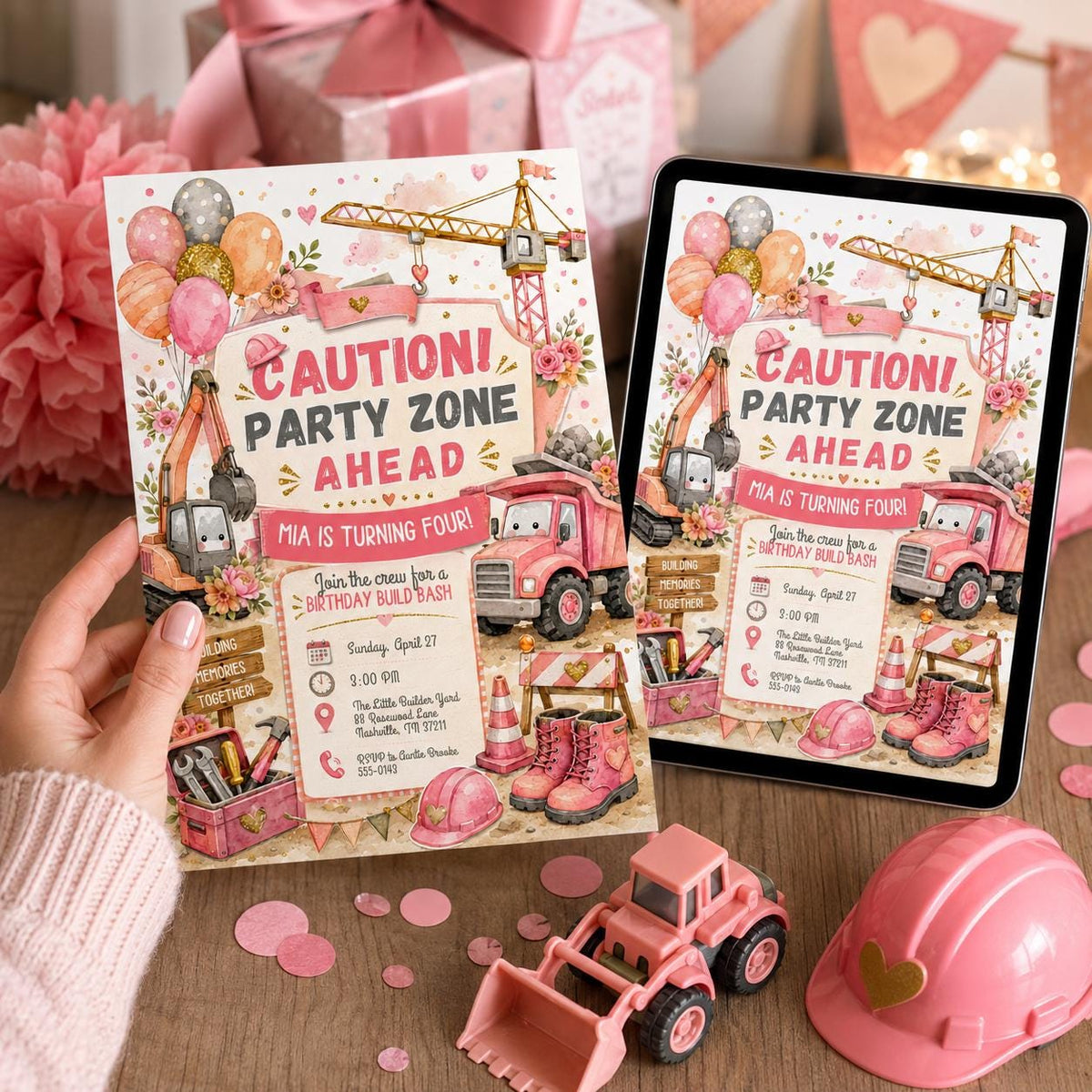 Truck Pink Construction 4th Birthday Invitation for Girls — invitation you personalize in Canva