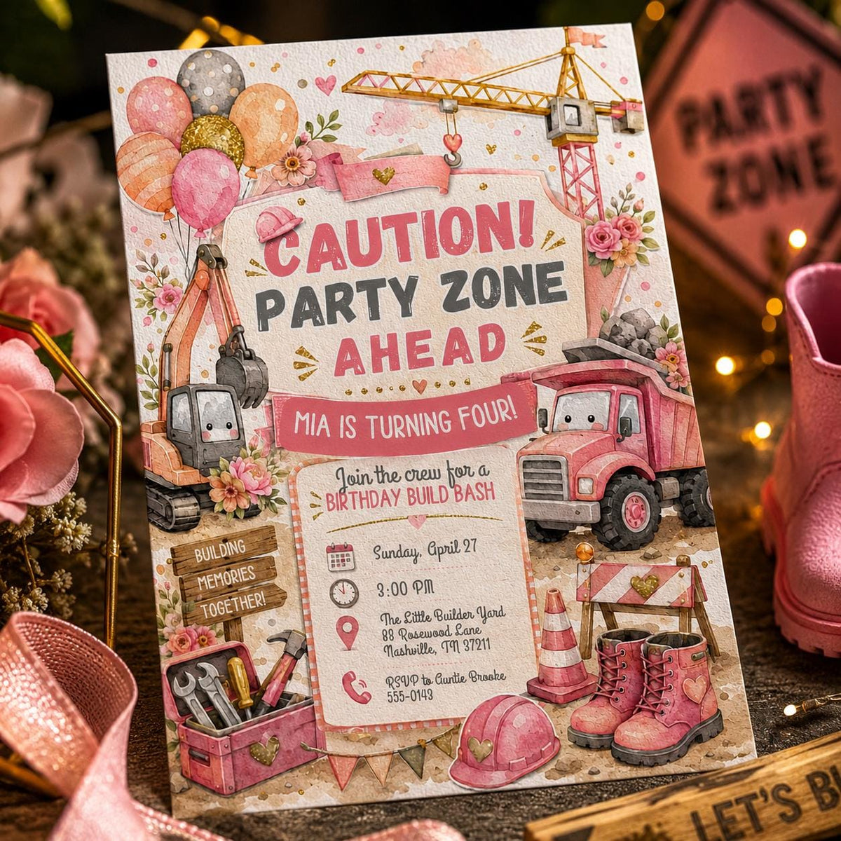 Truck Pink Construction 4th Birthday Invitation for Girls — print-ready 4th birthday party design from VoltBy