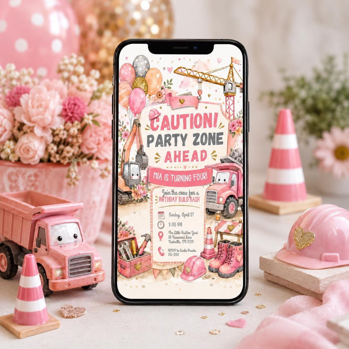 Truck Pink Construction 4th Birthday Invitation for Girls — digital invitation, instant download