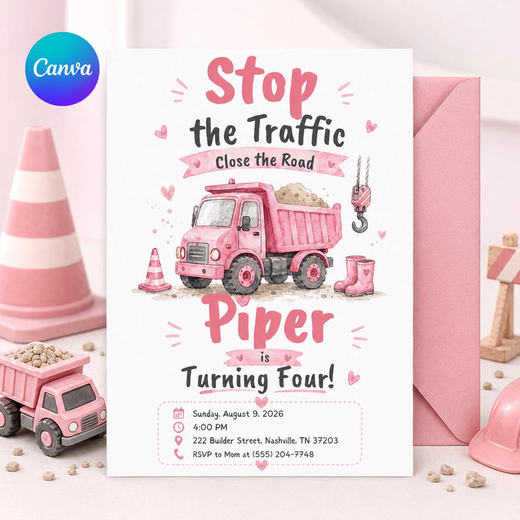 Truck Pink Construction Birthday Invitation for Girls