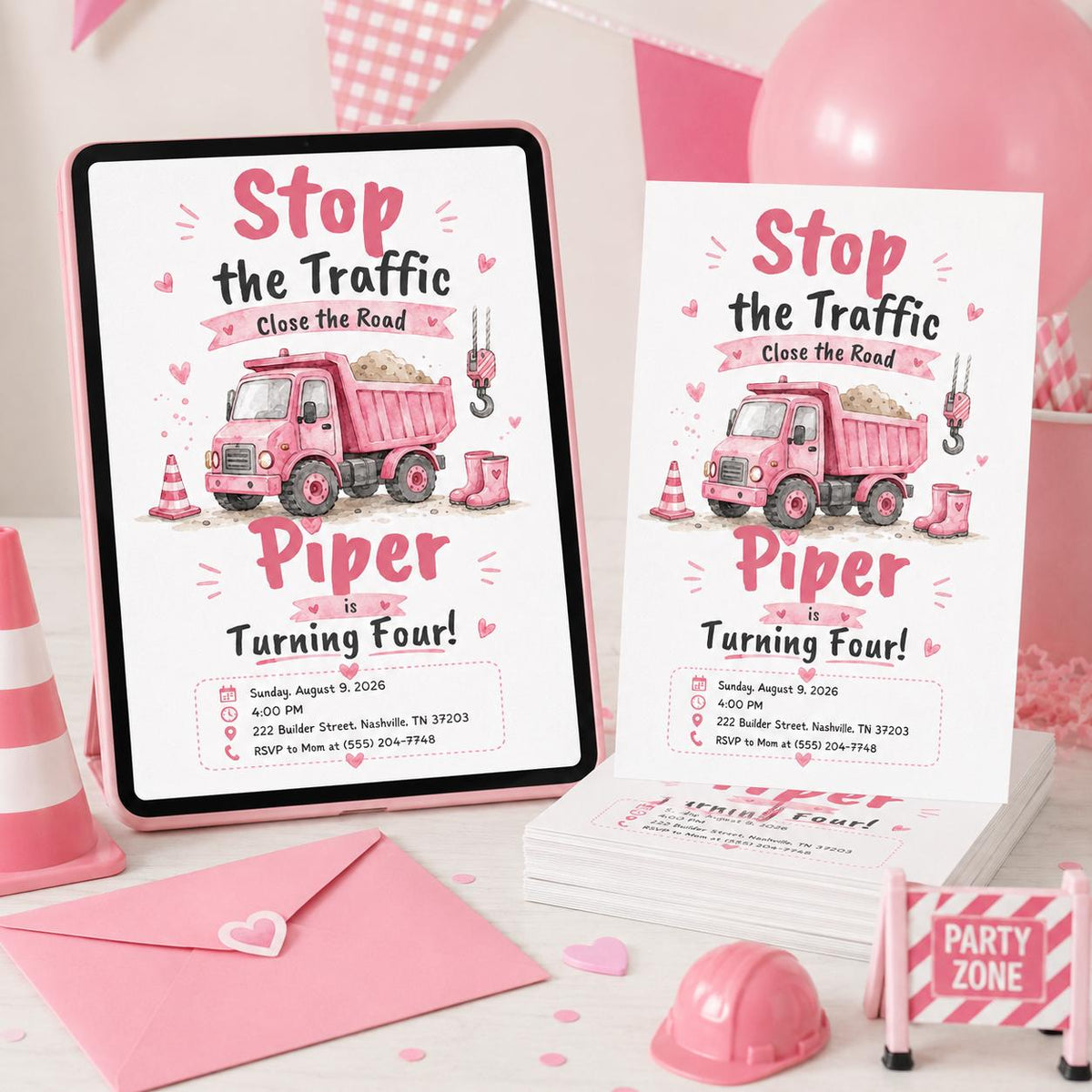 Truck Pink Construction Birthday Invitation for Girls — invitation you personalize in Canva