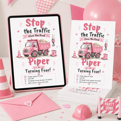 Truck Pink Construction Birthday Invitation for Girls — invitation you personalize in Canva