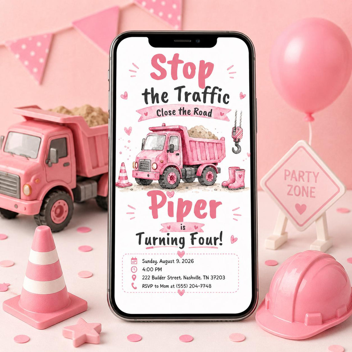 Truck Pink Construction Birthday Invitation for Girls — digital invitation, instant download