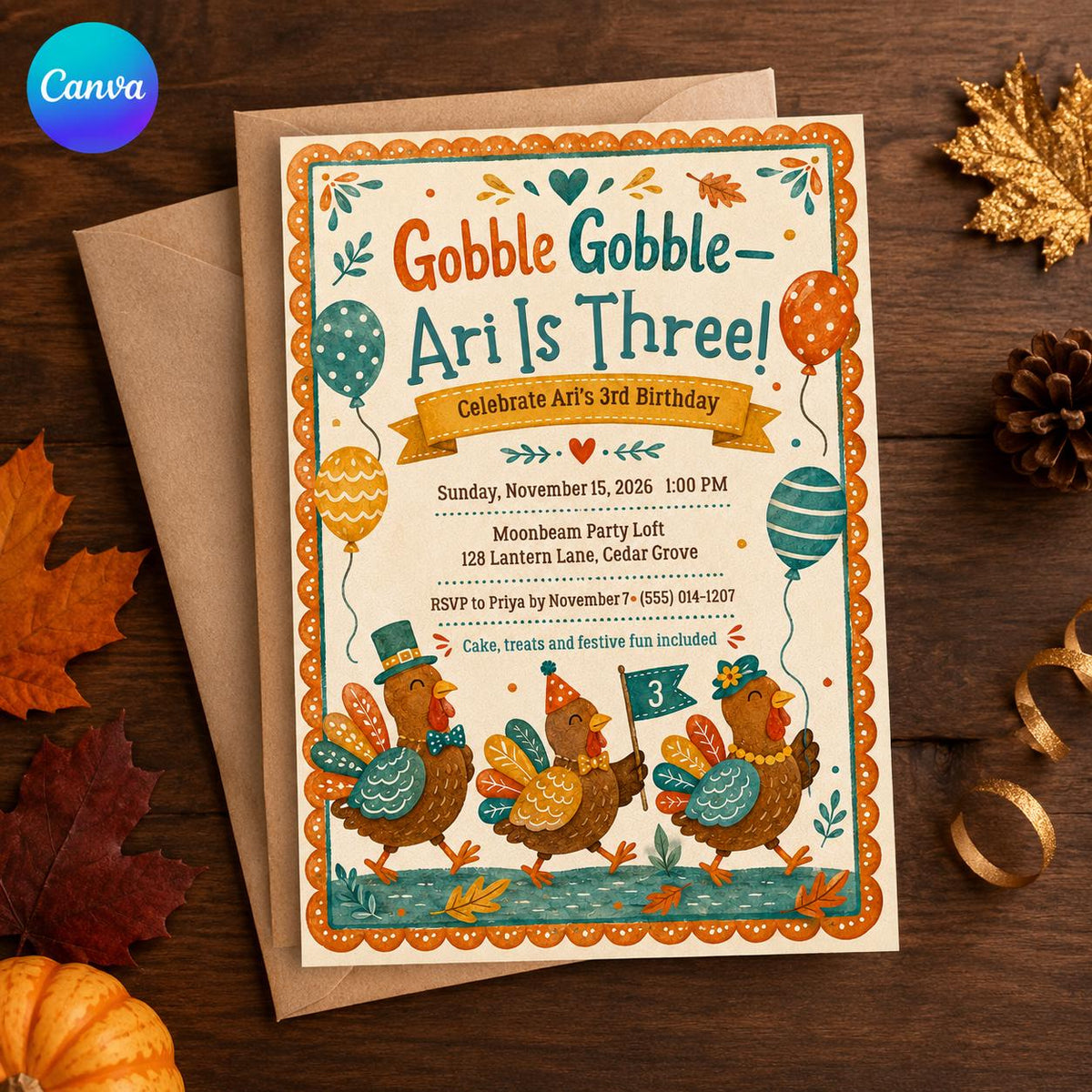 Turkey 3rd Birthday Invitation — editable Canva template