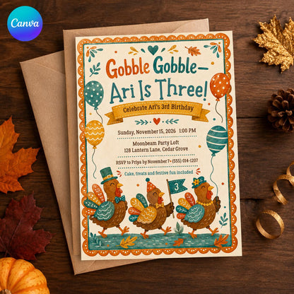 Turkey 3rd Birthday Invitation — editable Canva template