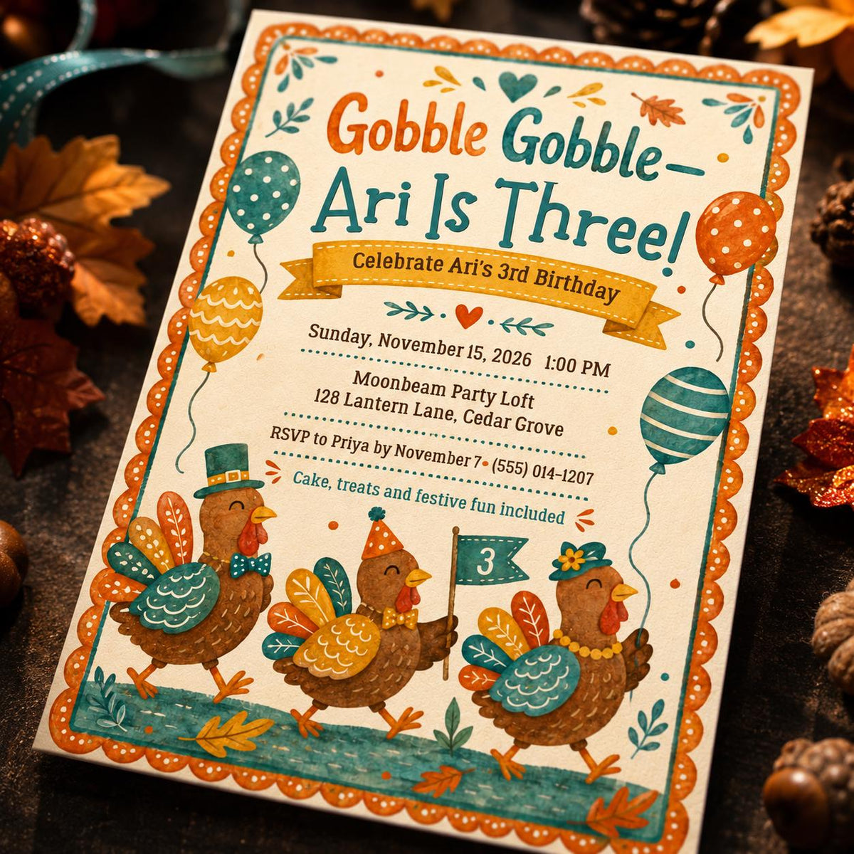 Turkey 3rd Birthday Invitation — print-ready 3rd birthday party design from VoltBy