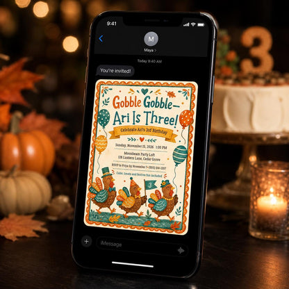 Turkey 3rd Birthday Invitation — digital invitation, instant download