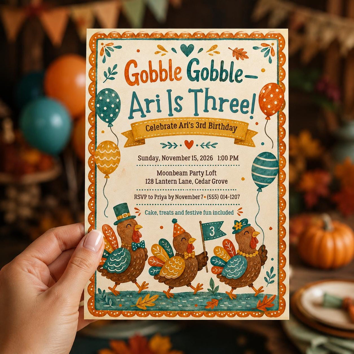 Turkey 3rd Birthday Invitation — 3rd birthday party stationery by VoltBy