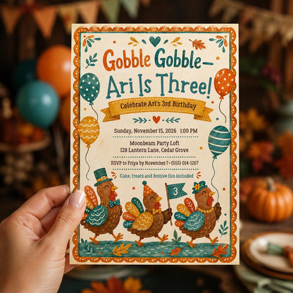 Turkey 3rd Birthday Invitation — 3rd birthday party stationery by VoltBy