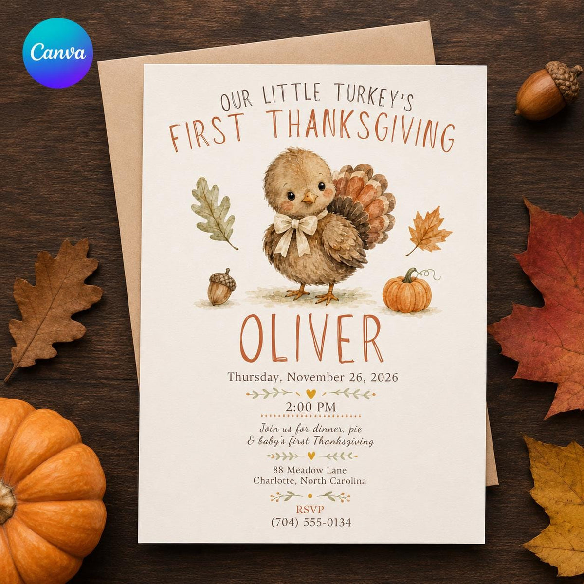 Turkey Baby First Thanksgiving Invitation — editable Canva template