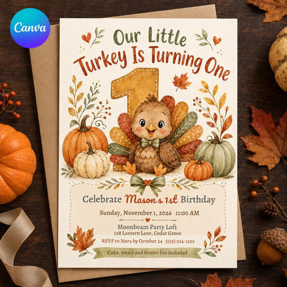 Turkey First Birthday Invitation — editable Canva template