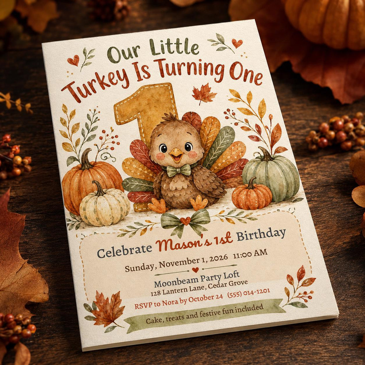 Turkey First Birthday Invitation — print-ready first birthday design from VoltBy