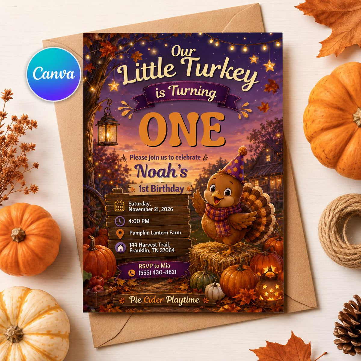 Turkey Thanksgiving 1st Birthday Invitation — editable Canva template