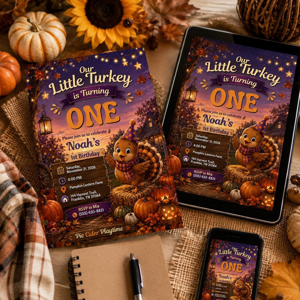 Turkey Thanksgiving 1st Birthday Invitation — invitation you personalize in Canva