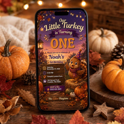 Turkey Thanksgiving 1st Birthday Invitation — print-ready first birthday design from VoltBy