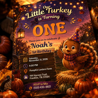 Turkey Thanksgiving 1st Birthday Invitation — digital invitation, instant download