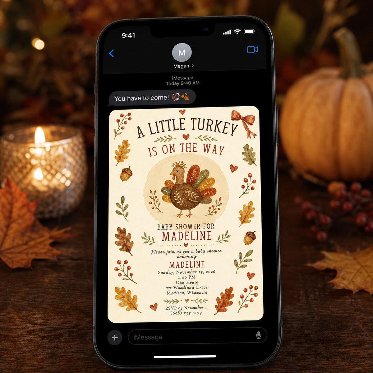 Turkey Thanksgiving Baby Shower Invitation — invitation you personalize in Canva