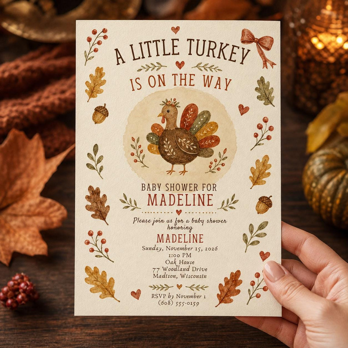 Turkey Thanksgiving Baby Shower Invitation — print-ready baby shower design from VoltBy