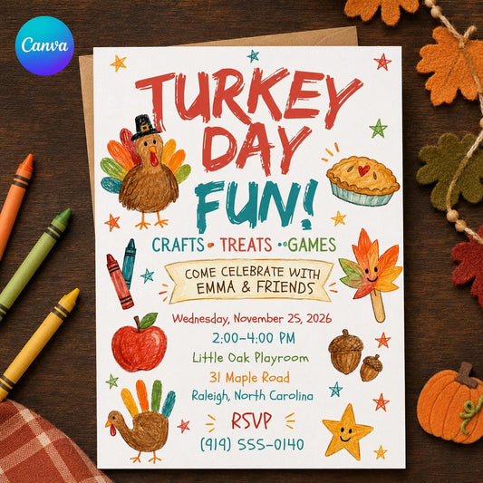 Turkey Thanksgiving Kids Party Invitation — editable Canva template