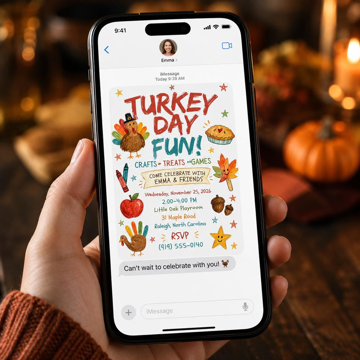 Turkey Thanksgiving Kids Party Invitation — invitation you personalize in Canva