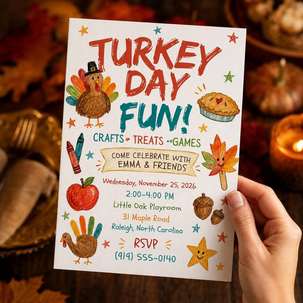 Turkey Thanksgiving Kids Party Invitation — print-ready Thanksgiving gathering design from VoltBy
