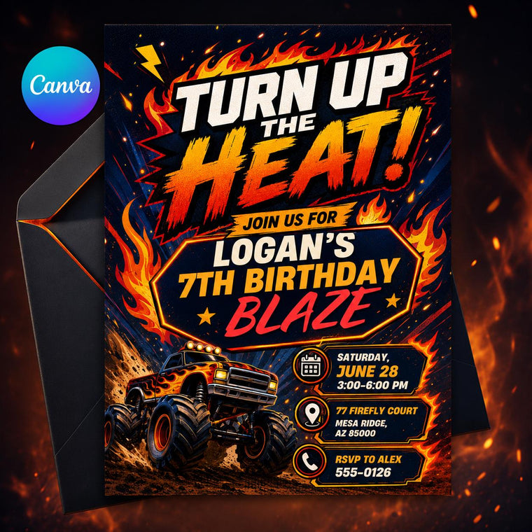 Turn Up the Heat Monster Truck 7th Birthday Invitation
