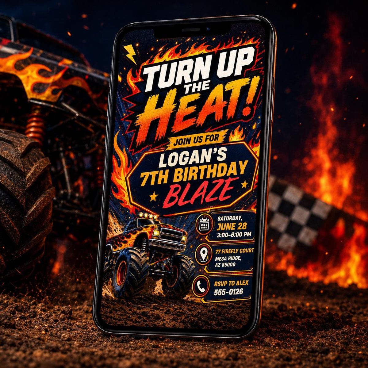 Turn Up the Heat Monster Truck 7th Birthday Invitation in black and orange
