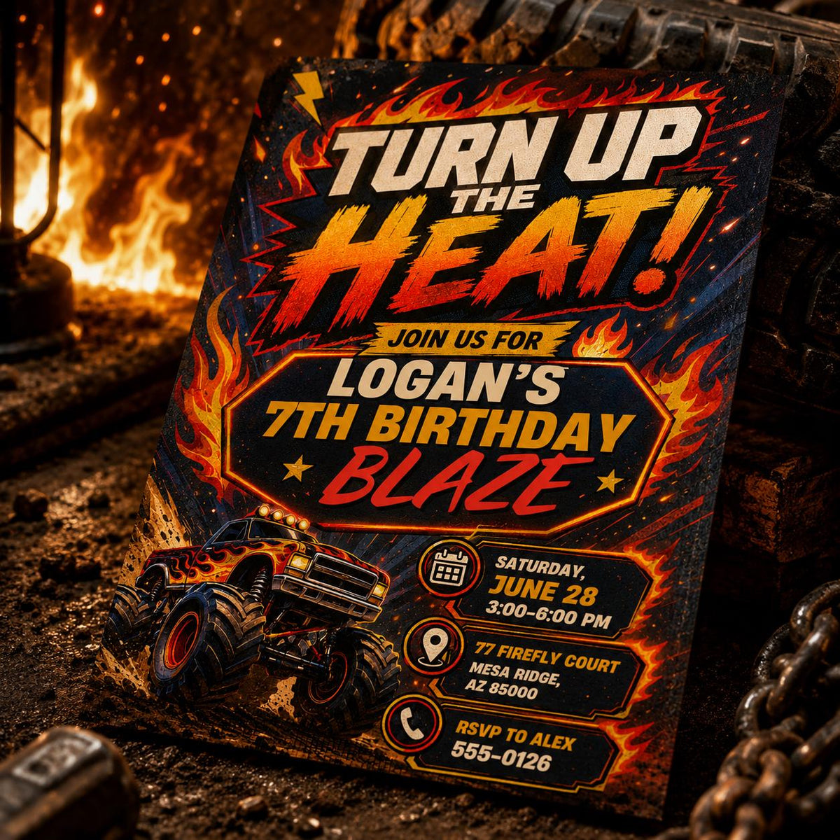 Turn Up the Heat Monster Truck 7th Birthday Invitation — invitation you personalize in Canva