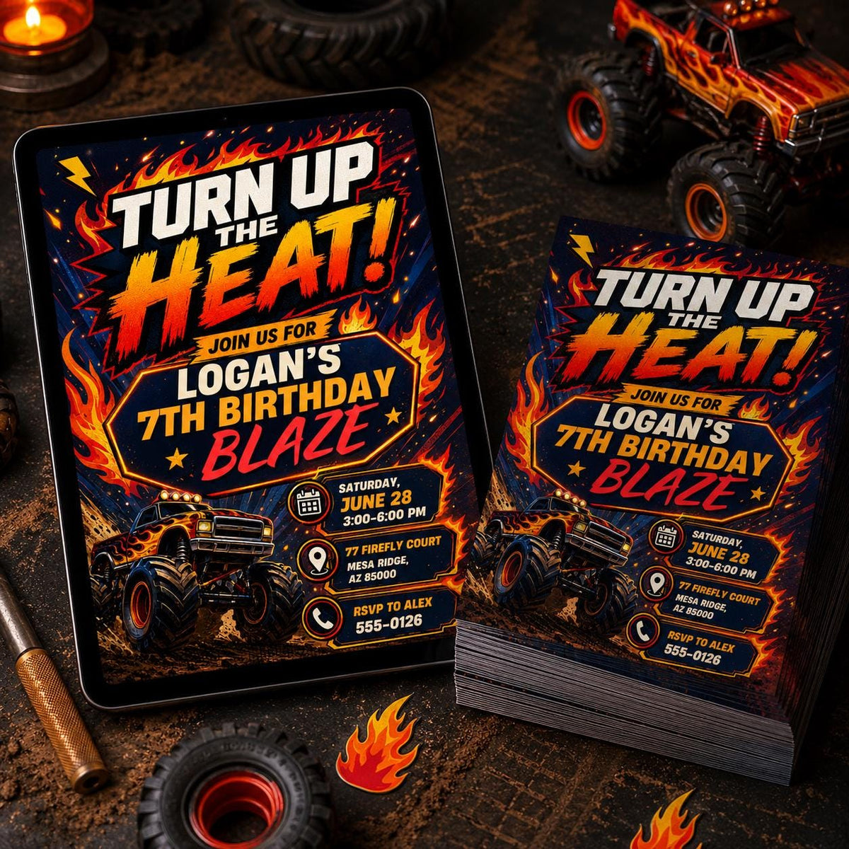 Turn Up the Heat Monster Truck 7th Birthday Invitation — print-ready 7th birthday party design from VoltBy