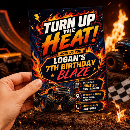 Turn Up the Heat Monster Truck 7th Birthday Invitation — digital invitation, instant download