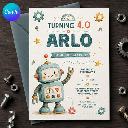Turning 4.0 Watercolor Robot Birthday Invitation — editable Canva template