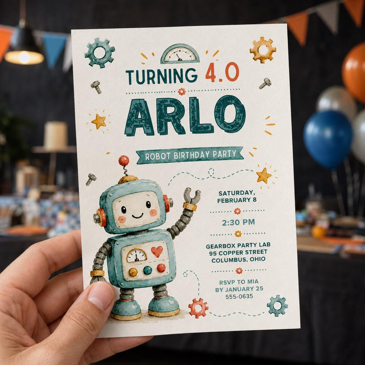 Turning 4.0 Watercolor Robot Birthday Invitation — invitation you personalize in Canva