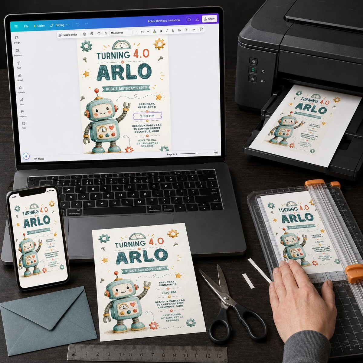 Turning 4.0 Watercolor Robot Birthday Invitation — vintage 4th birthday party design