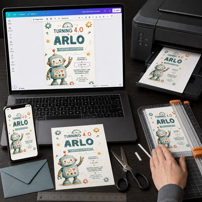 Turning 4.0 Watercolor Robot Birthday Invitation — vintage 4th birthday party design