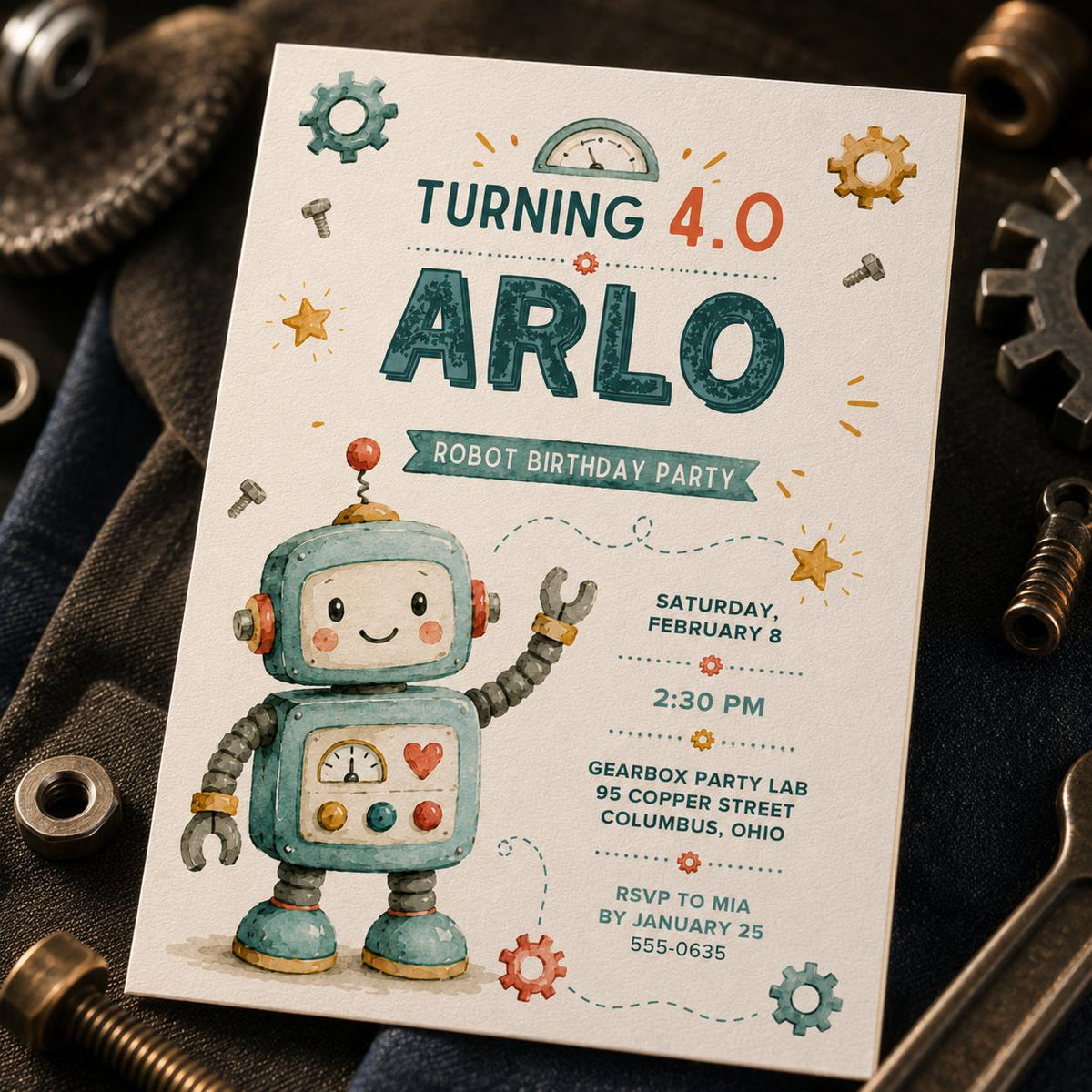 Turning 4.0 Watercolor Robot Birthday Invitation — print-ready 4th birthday party design from VoltBy