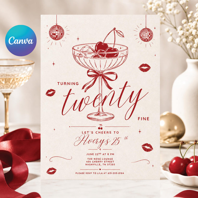 Turning Twenty Fine 25th Birthday Invitation in Burgundy