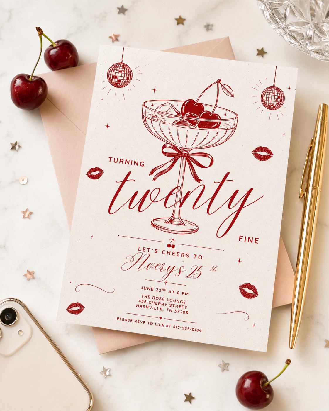 Turning Twenty Fine 25th Birthday Invitation in Burgundy — bow and cherry design