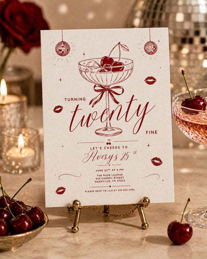 Turning Twenty Fine 25th Birthday Invitation in Burgundy — invitation you personalize in Canva